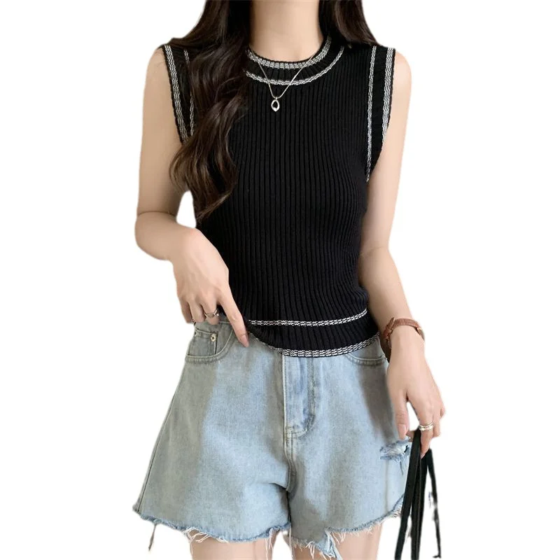 Uveng Uveng And Spicy Short Black Sexy Vest Women's Summer New Casual Round-Neck T-Shirt Thin Sleeveless Top