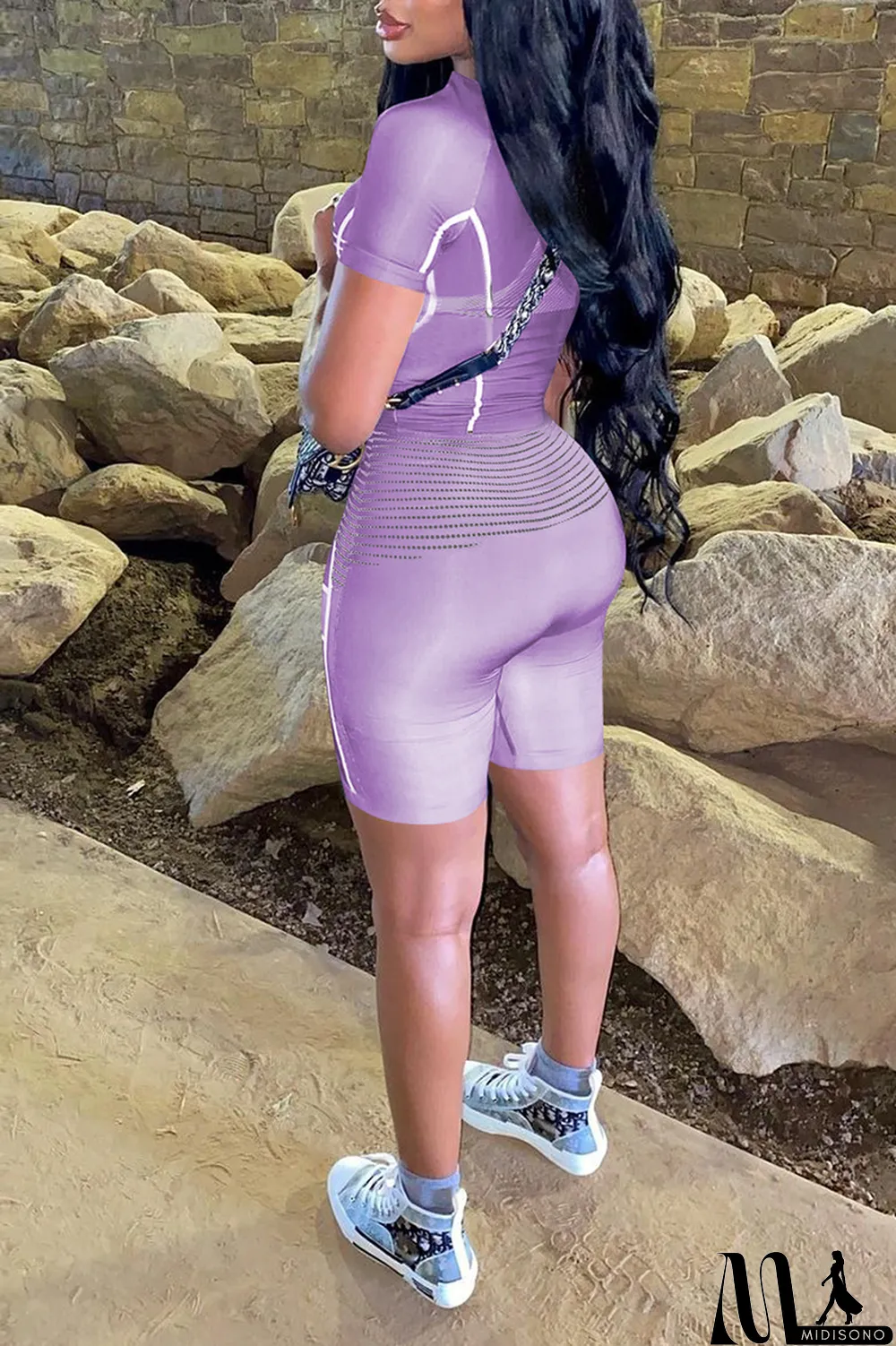 MidiSono - Purple Sexy Print Split Joint O Neck Short Sleeve Two Pieces