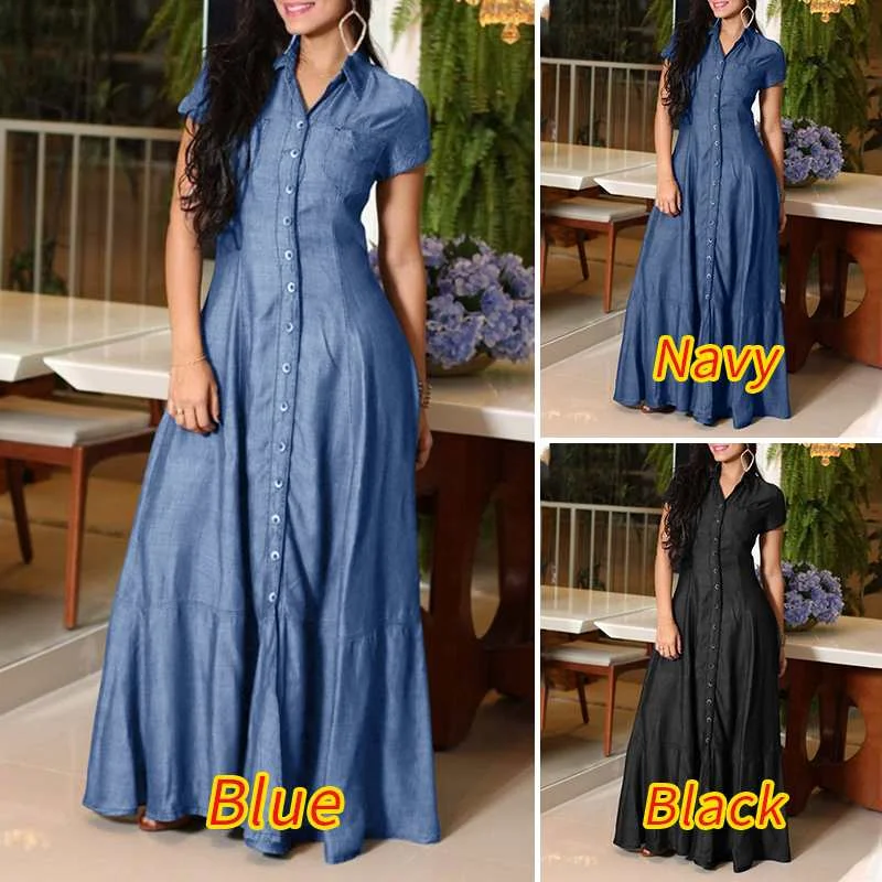 VONDA Summer Elegant Denim Dress 2022 Short Sleeve Lapel Button Down Pure Shirt Dresses Fashion Party Vestido Loose Solid Robe
