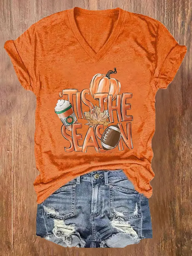 Women's Football Tis The Season Pumpkin Maple Leaf Print V Neck T-shirt 