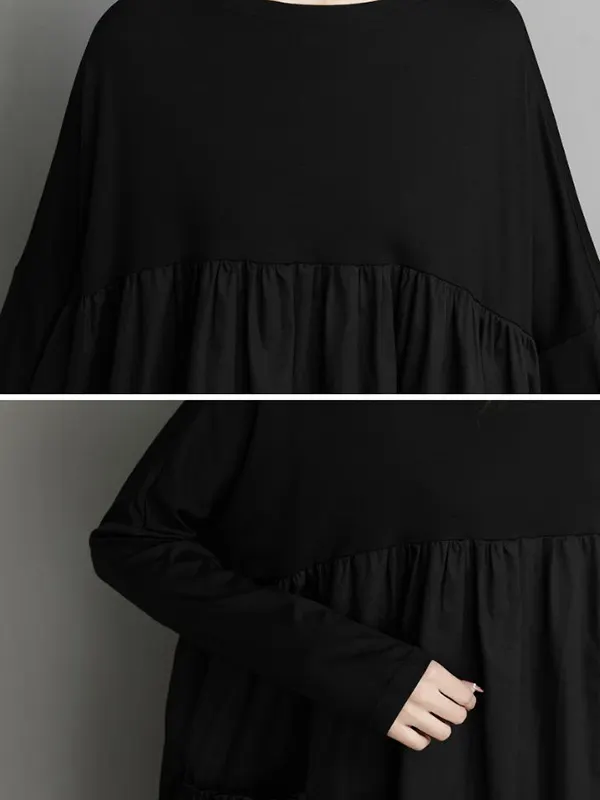 Asymmetric Printed Split-Front Split-Joint Long Sleeves Loose Mock Neck Midi Dresses