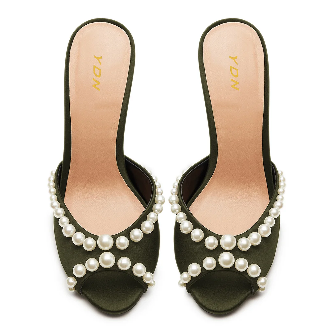 Dark Green Satin Pearl Embellished Stiletto Heel Mules for Women