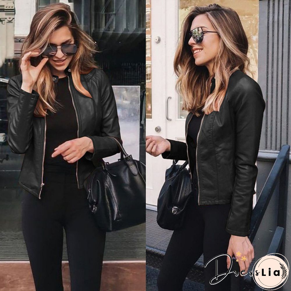 Women Spring Zipper Casual PU Leather Soft Motorcycle Leather Jacket Coat