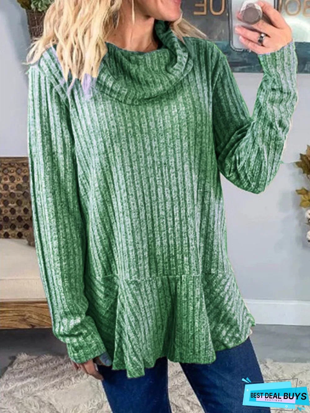 Gray Casual Plain Cotton-Blend Cowl Neck Sweater