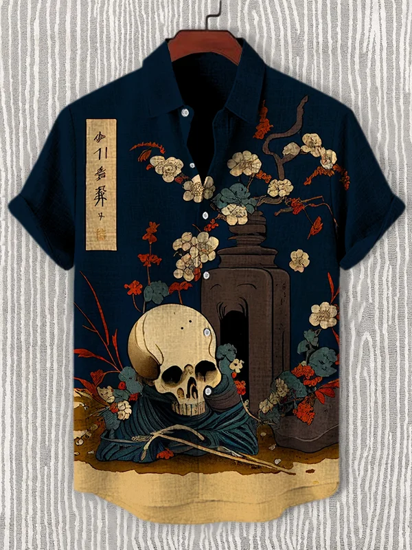 Men's Memento Mori Japanese Art Print Linen Blend Shirt
