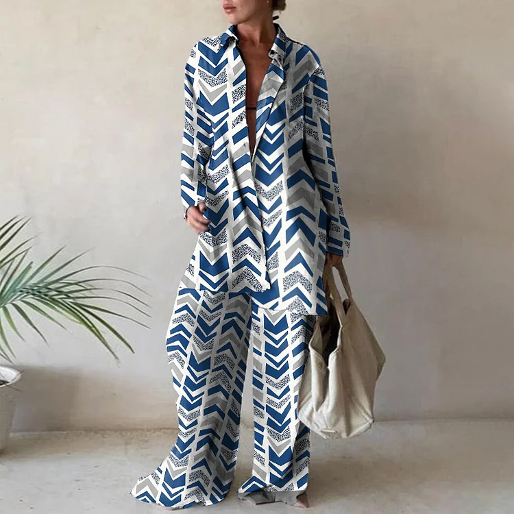 Fashion Geometric Print Casual Shirt Two Piece Set