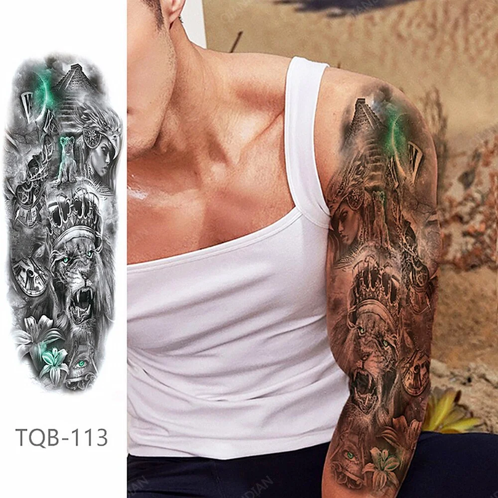 Full Arm Temporary Tattoo Lady Gun Eye Flower Tiger Lion Skull Eagle Women Body Leg Waterproof Sticker Cool Man Totem Sleeve