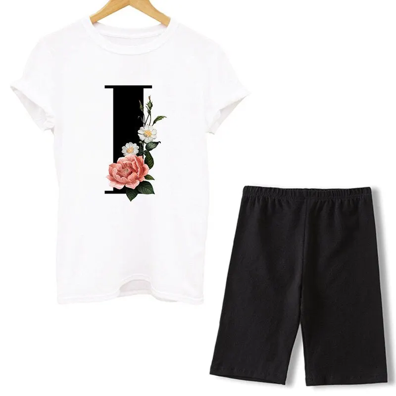 Women Two Piece Set Letter T Shirts And Shorts Sets Summer Short Sleeve O-neck Casual Biker Tracksuit Sexy Outfit For Woman 2