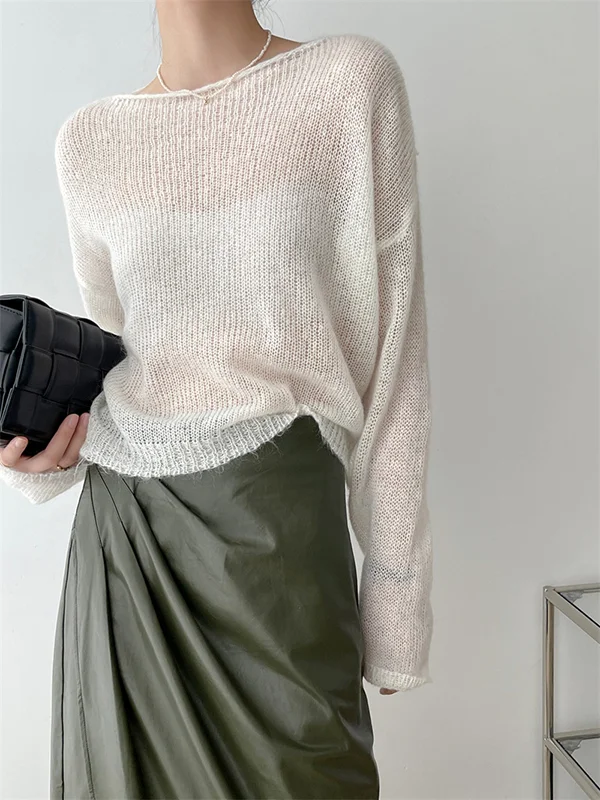 Gentle Mohair Knitted Loose Long Sleeves Solid Color Thin Sweater Tops