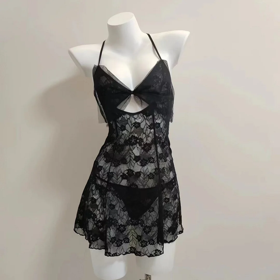 Nigikala Nigikala Pajamas Woman 2025 New Seduction Red Lace Hollow Big Bow Bow Small Breast Slings Sleeping Skirt