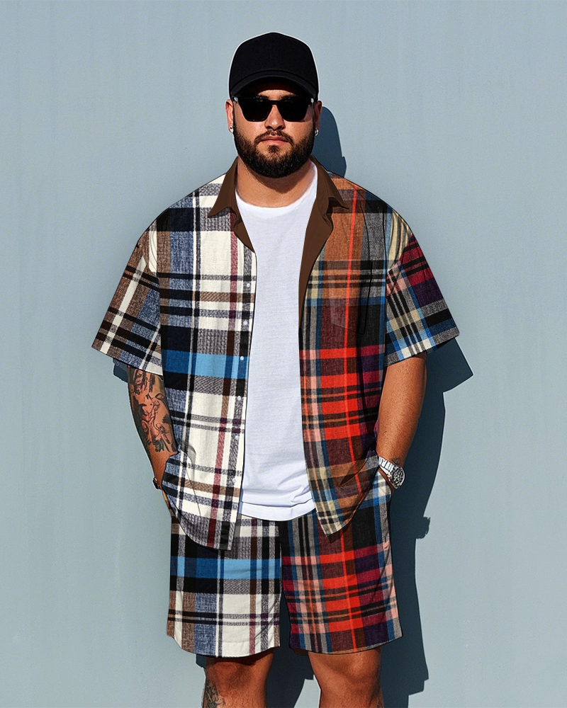 Men's Casual Irregular Splicing Retro Plaid Style Big Size Short Sleeve Shirt and Shorts Set