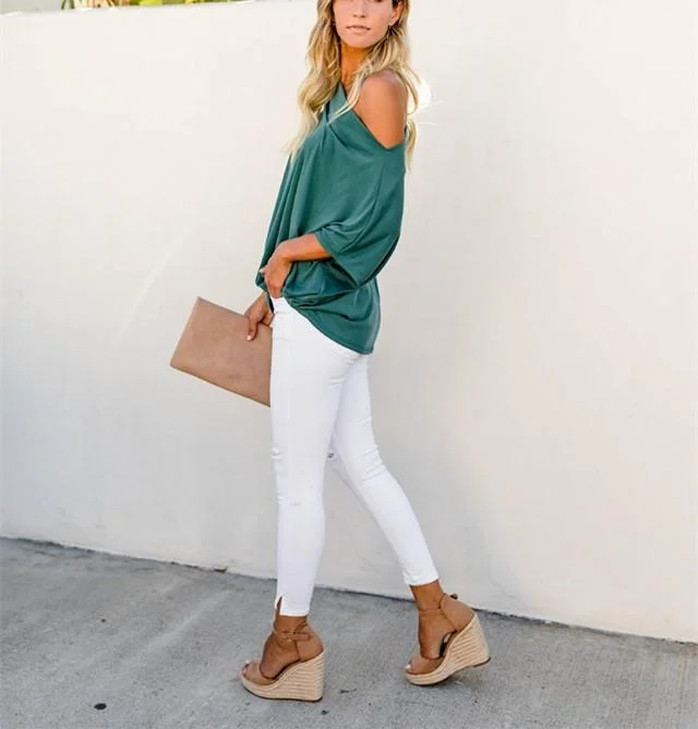 Sexy Pure Color Slanted Shoulder Baggy Blouse T-Shirt