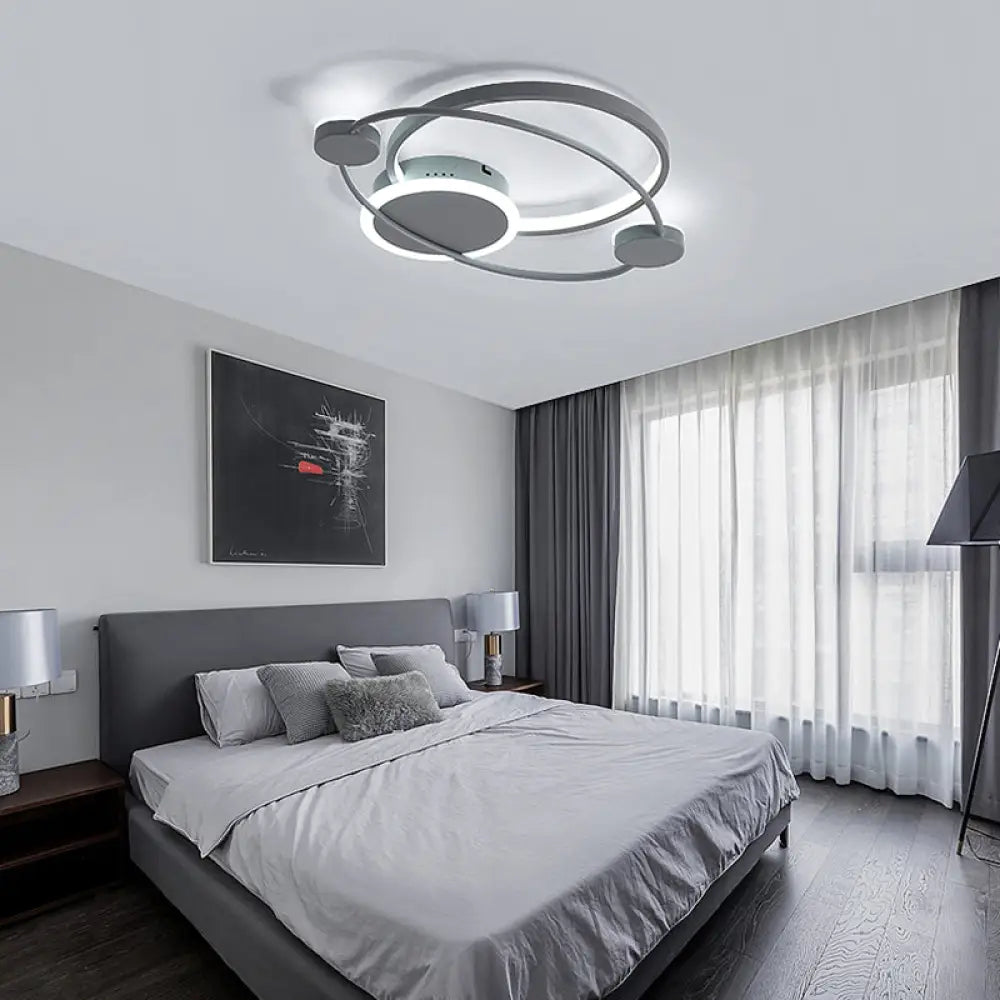 Minimalist Led Flush Mount Ceiling Lamp - Wide Grey Ring | Bedroom Lighting Solution / 21.5&rsquo;