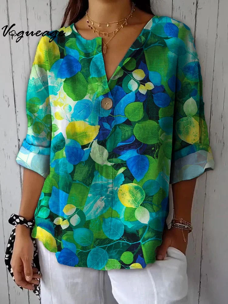 Fashion Bright Dazzling Bright Leaves Printed Cotton And Linen Shirt