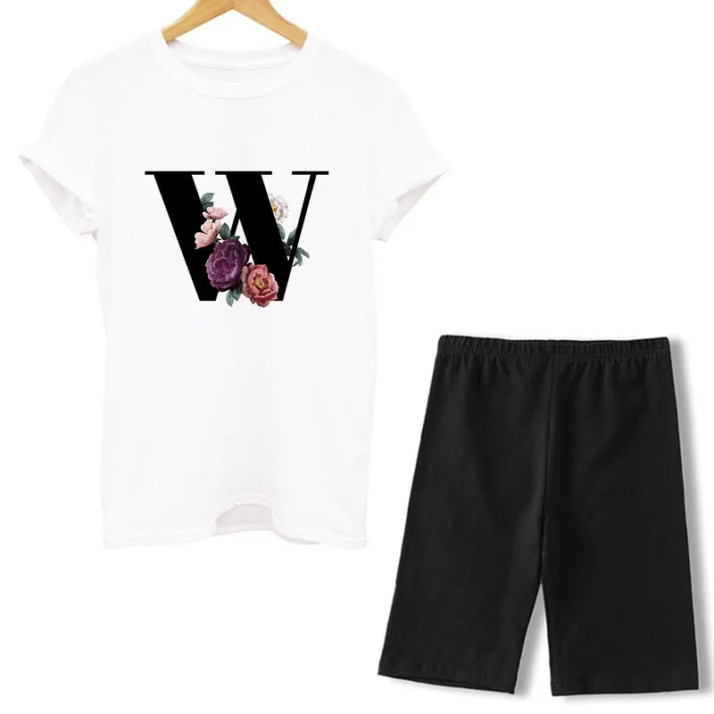 Women Two Piece Set Letter T Shirts And Shorts Sets Summer Short Sleeve O-neck Casual Biker Tracksuit Sexy Outfit For Woman 2