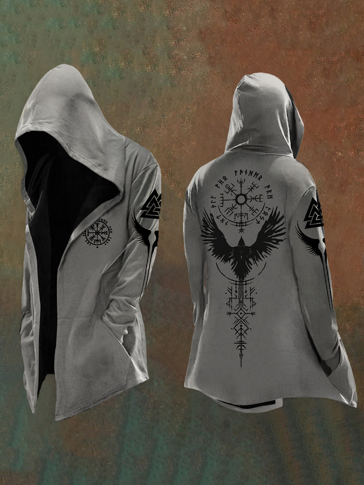 Men's Vikings Printed Raven Totem Vintage Hooded Jacket