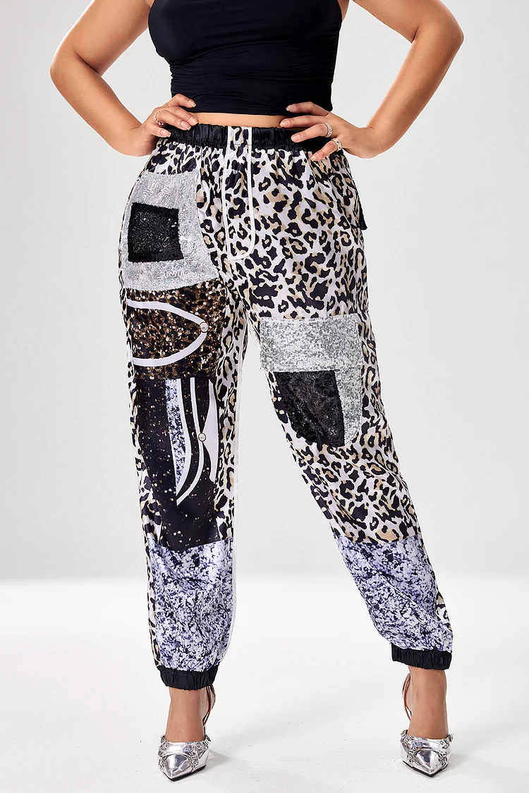 Xpluswear Design Plus Size Party Pant Silver Patchwork Leopard Pocket Design Pants 