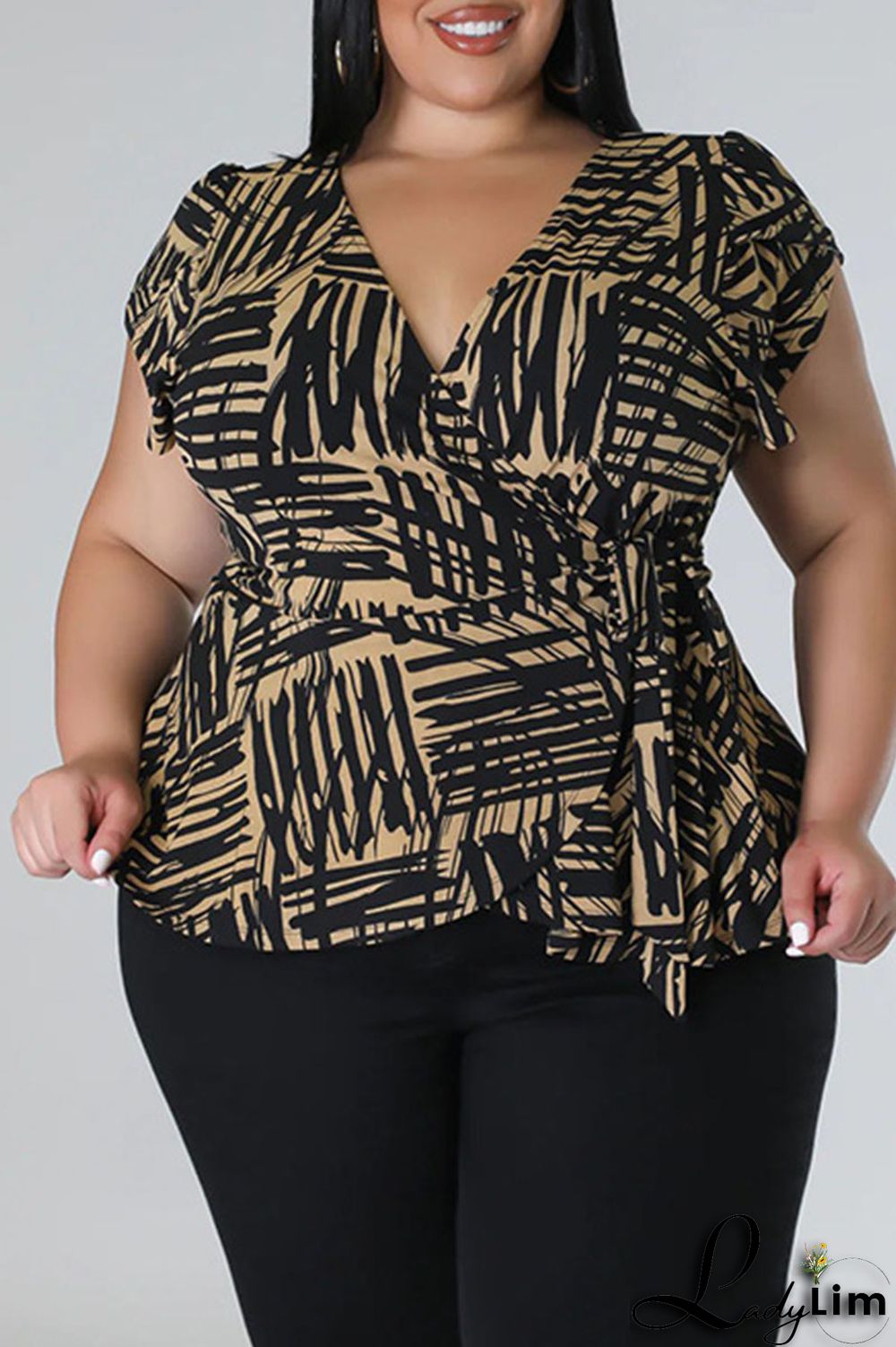 Red Casual Print Bandage Patchwork V Neck Plus Size Two Pieces