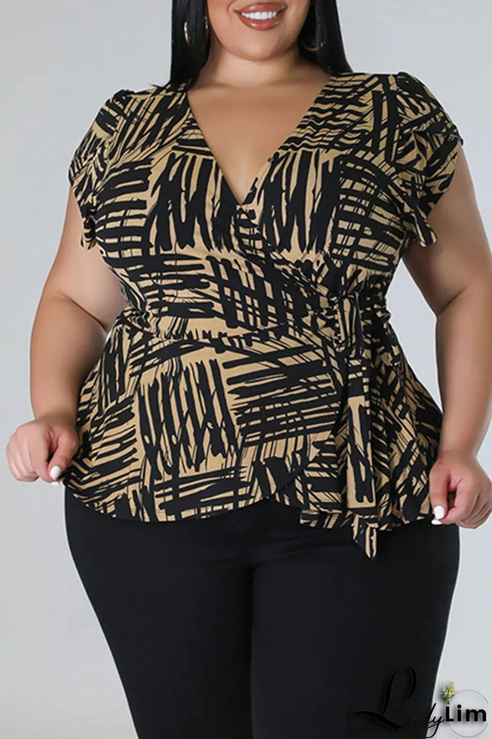 Red Casual Print Bandage Patchwork V Neck Plus Size Two Pieces