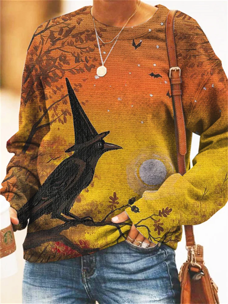 Vefave Halloween Crowitch Print Comfy Sweatshirt