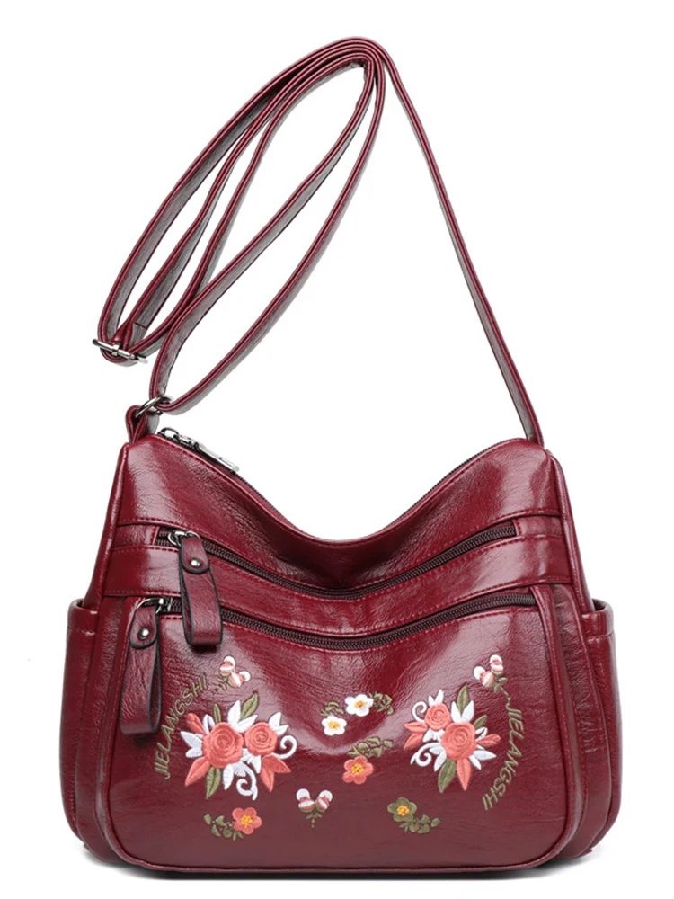 Floral Embroidered Soft Leather Crossbody Bag