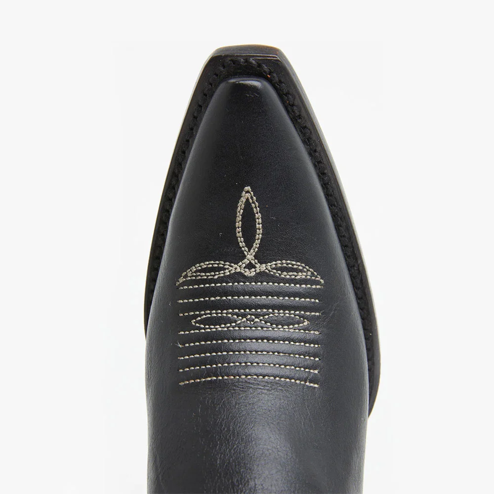 Snip Toe Chunky Heel Knee High Stitching Western Boots in Black