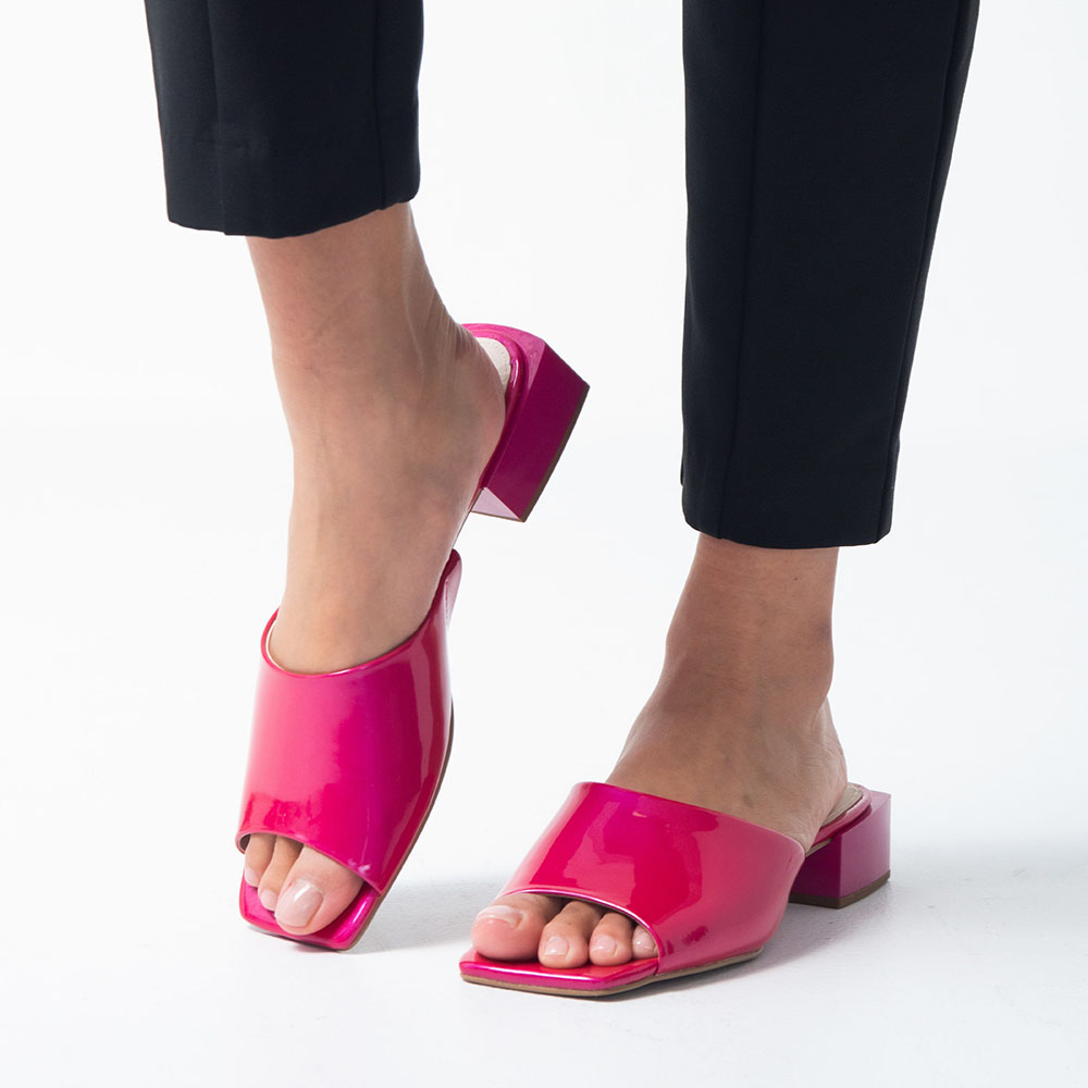 Pink Patent Leather Square Toe Chunky Heel Wide Band Mules Nicepairs