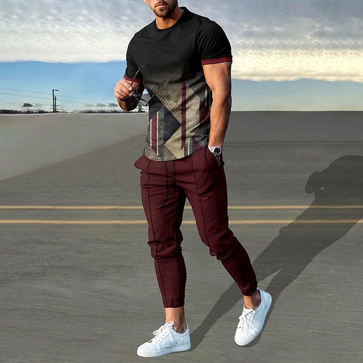 BrosWear Trendy Gradient Geometry Print T-Shirt And Pants Co-Ord