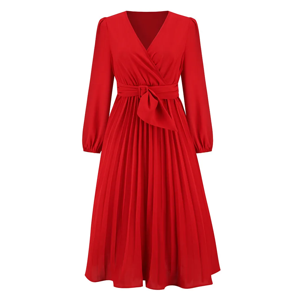 Women's V-Neck Pleated Chiffon Midi Dress