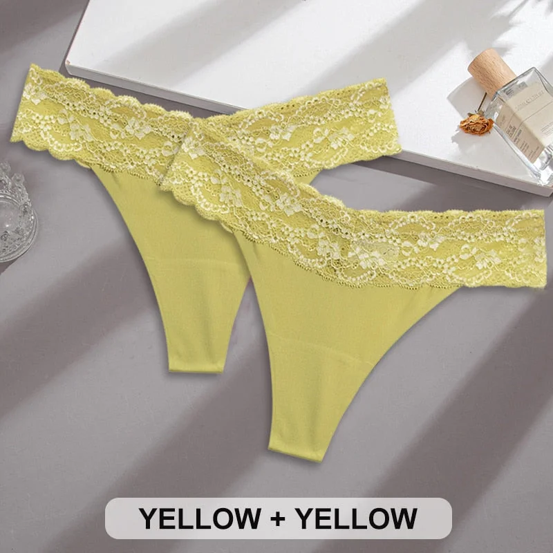 2PCS/Set Lace Panties Sexy Underwear Thong Women Panties G-String Panties Briefs Lingerie Floral V Waist Design Female Underpant