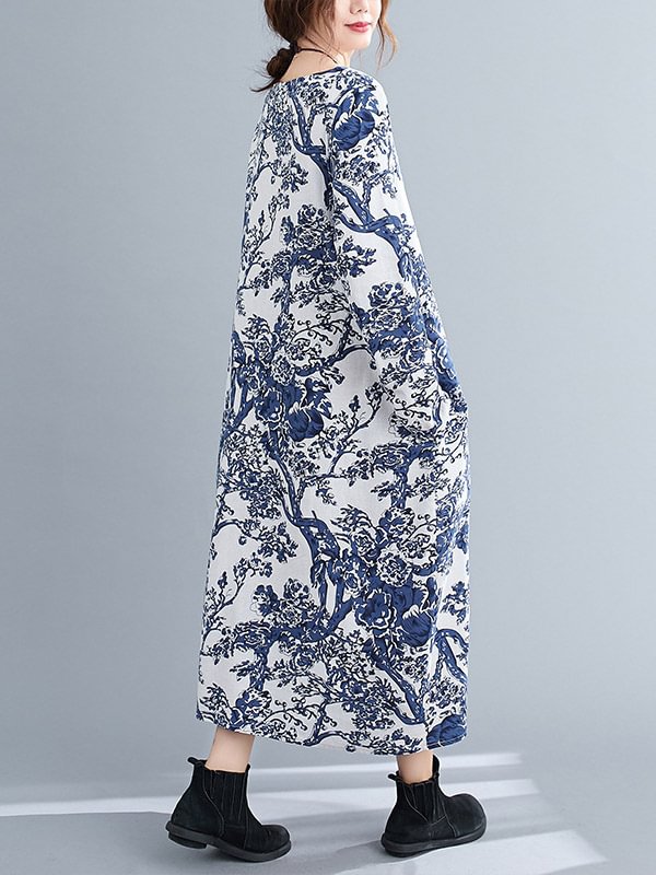 Artistic Floral Round-Neck Dress