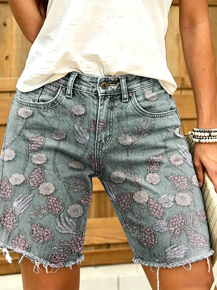 Women's Floral Print Casual Frayed Denim Shorts
