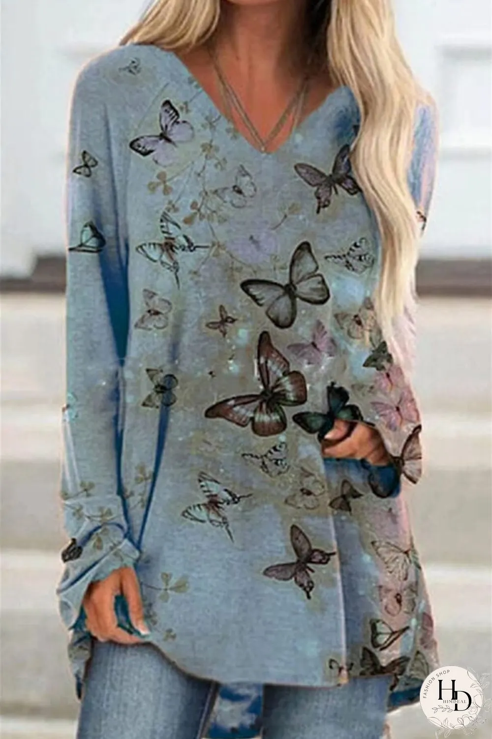 Fashion Butterfly Print V Neck Blouse