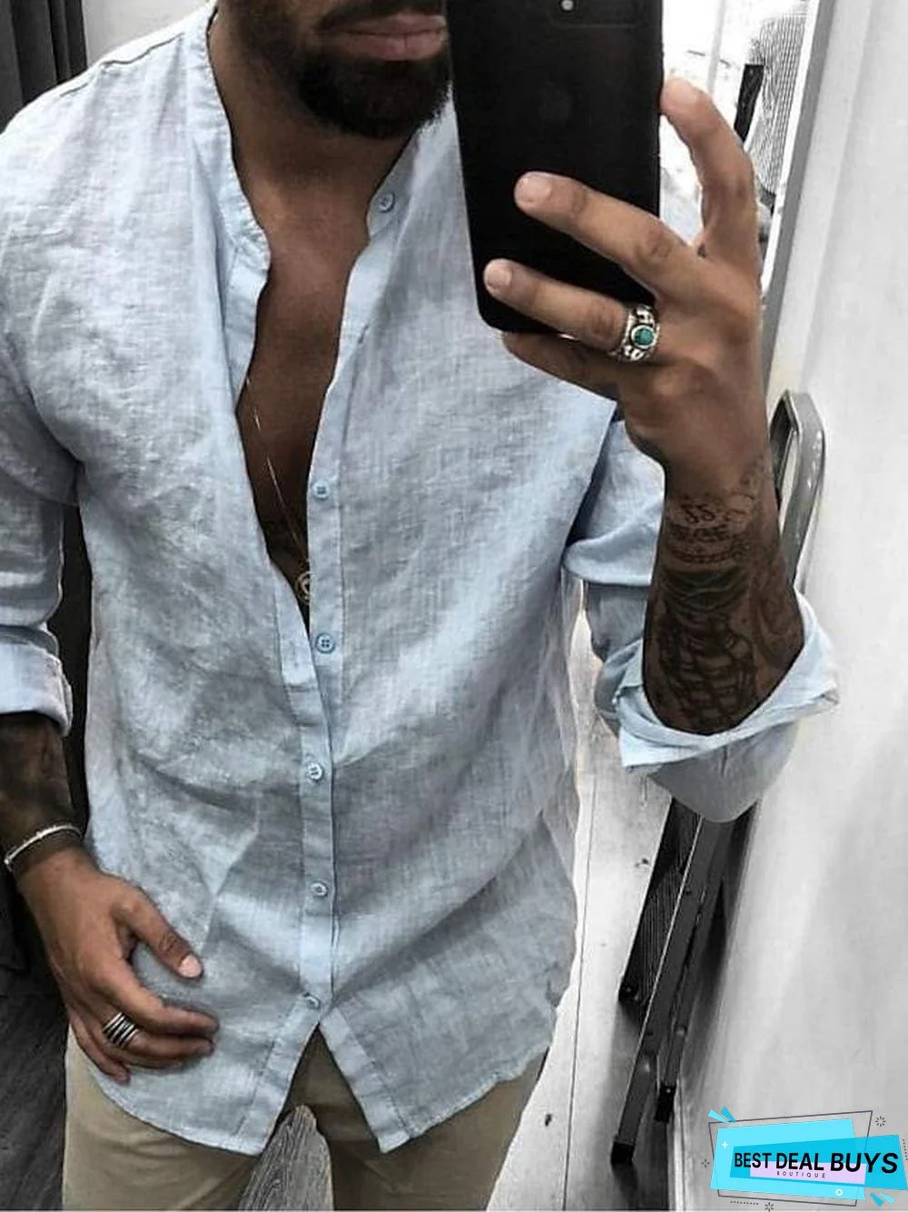 Men's Long Sleeve Shirts Button Down Mandarin Collar Casual Regular Fit Shirts Linen