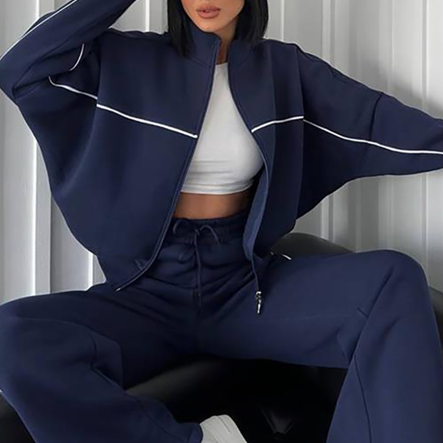 Casual Set Long Sleeve Half High Neck Cardigan Sweatshirt Lace Up Striped Pants