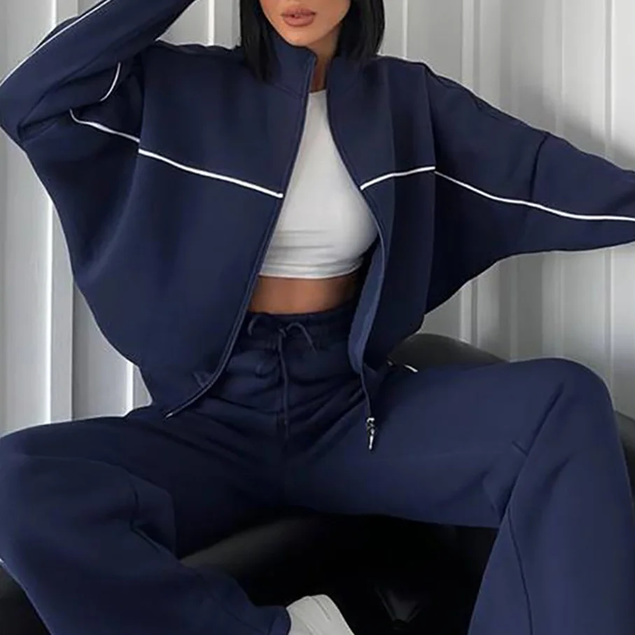 Casual Set Long Sleeve Half High Neck Cardigan Sweatshirt Lace Up Striped Pants