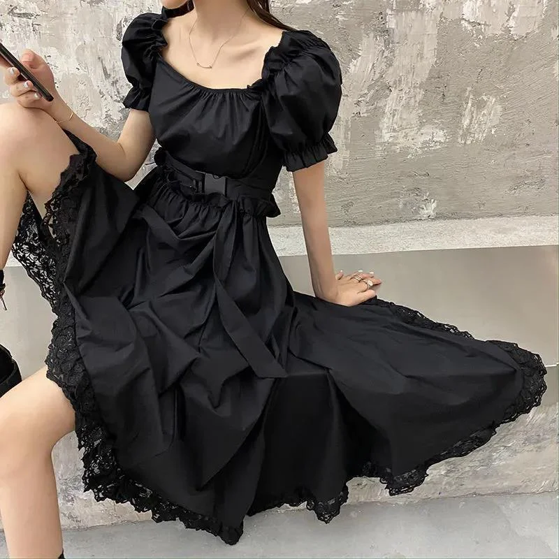 Peneran Irregular Black Dress Square Collar Waist Thin Elegant Temperament Bubble Short-Sleeved Dress Female Trend 2022 Summer New Dress