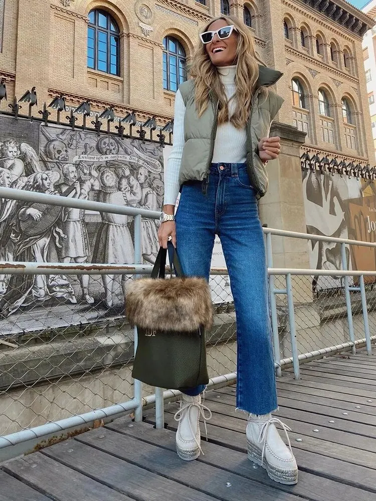 Autumn Winter Women Chic Green Pleated Double Wear Vest Jacket Female Fashion Zipper Sleeveless Coat Girls Casual Streetwear