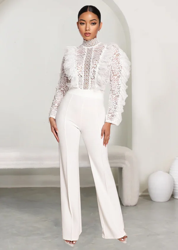 Lace Patchwork Asymmetric Ruffled Long Sleeve High Waist Straight Leg White Jumpsuit