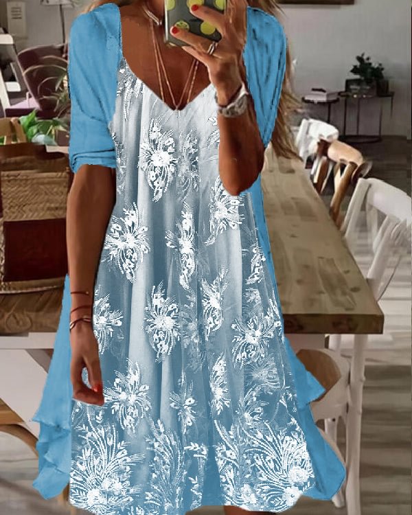 Fake Two Piece Waisted Round Neck Chiffon Coat Dress