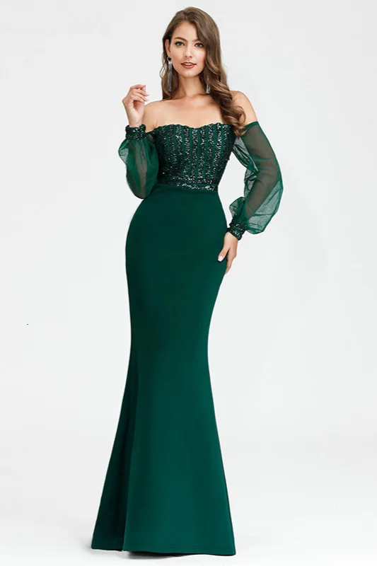 green long sleeve mermaid prom dress with sequins