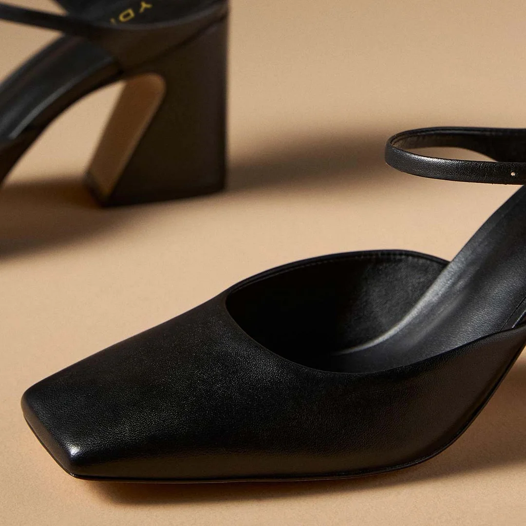 Formal Vegan Leather Square Toe Block Heel Black Mary Janes for Women