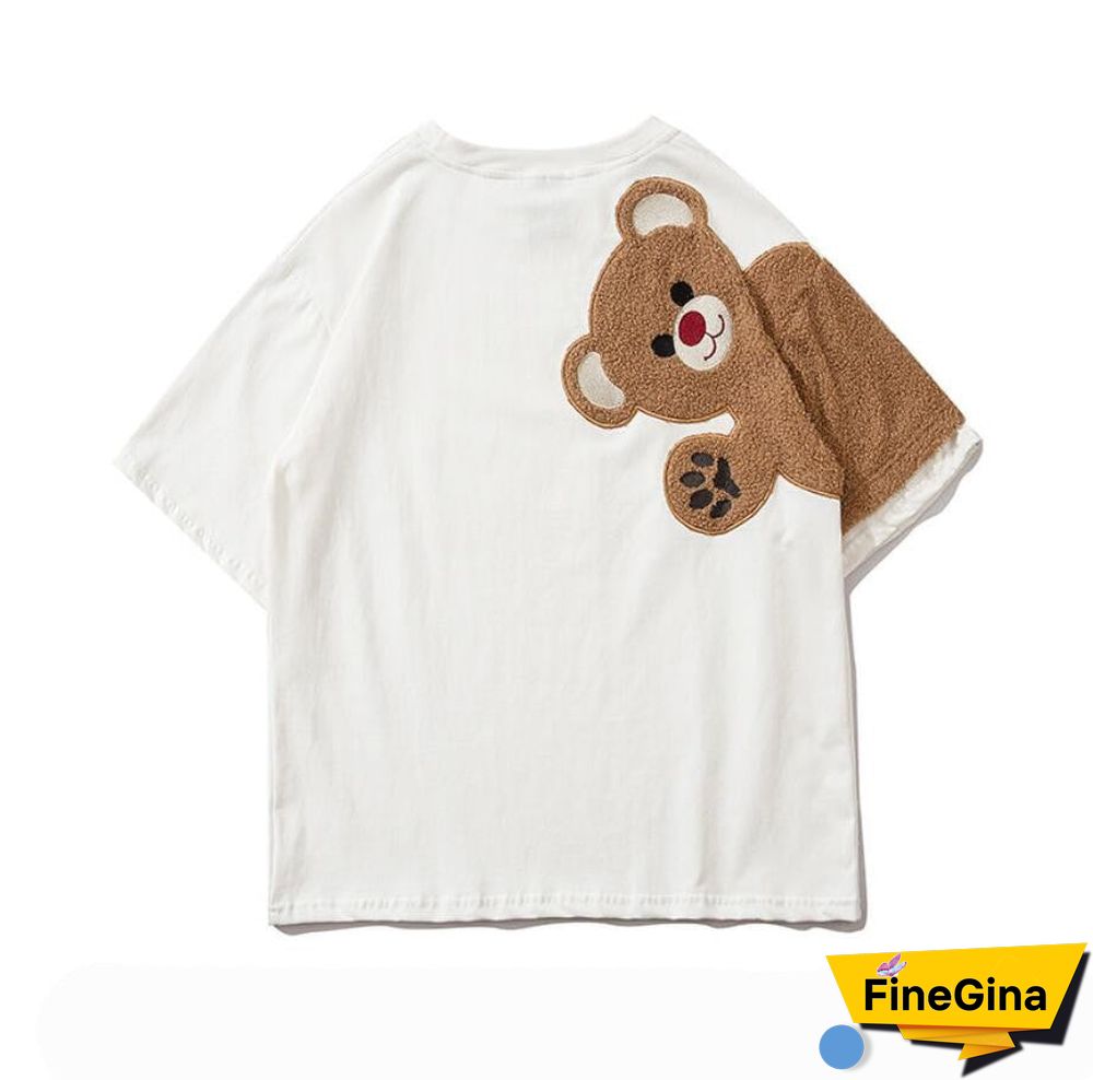 Summer Women T Shirts 100% Pure Cotton T-Shirt Short Sleeve Embroidery Bear Cute Kawaii Tee O-Neck Loose Couple Clothes Top