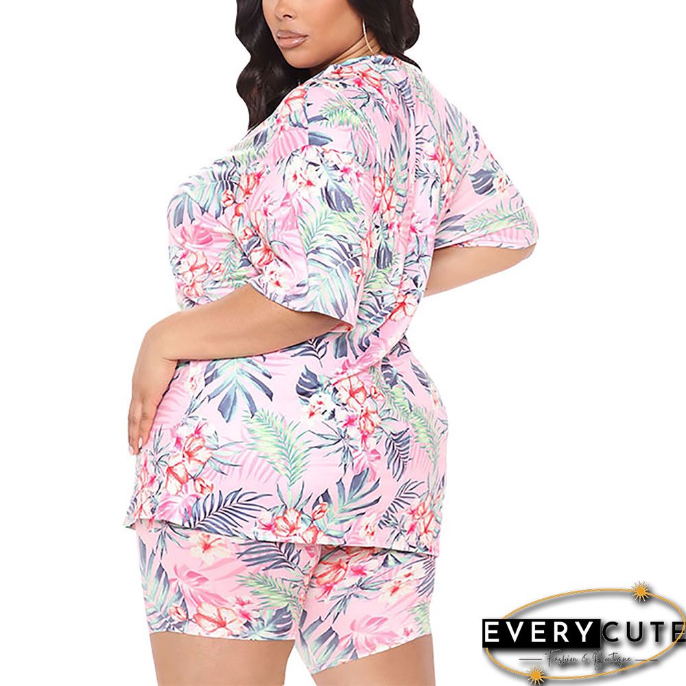 Light Pink Floral Print Loungewear Plus Size Set