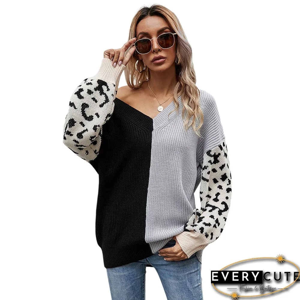 Gray Contrast Leopard Pullover Sweater