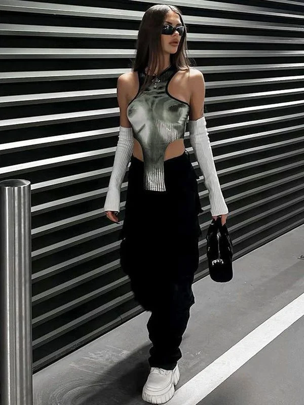 Uveng 2024 New Body Print Round Collar Hottie Vest Trend Personality Street Leisure Short Top