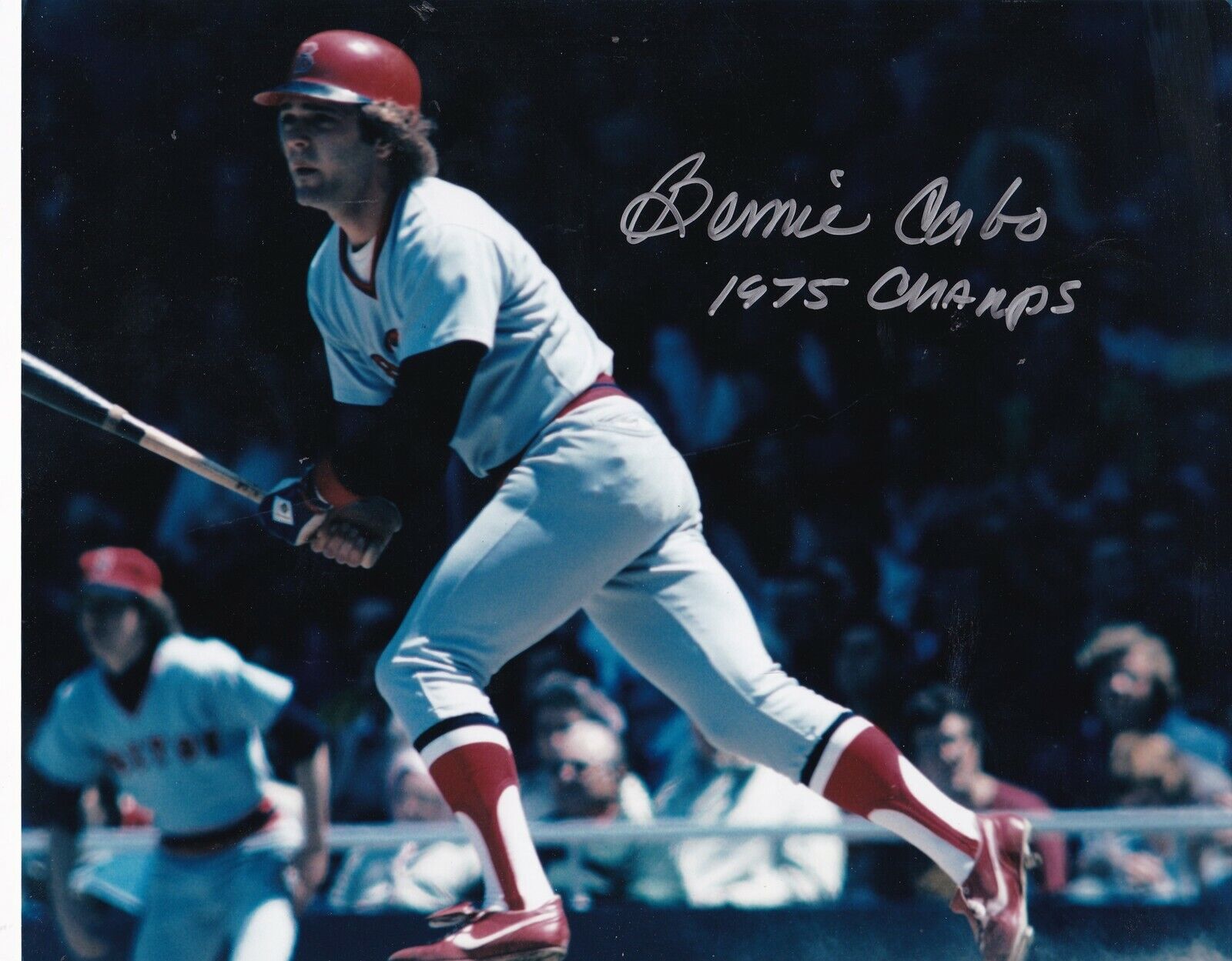 BERNIE CARBO BOSTON RED SOX 1975 CHAMPS ACTION SIGNED 8x10