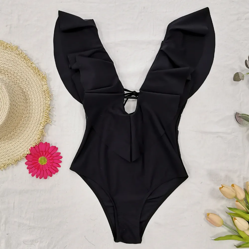 Brownm Printed Flowers Even Lotus Leaf Side Body Swimsuit Women 2025 New Swimsuit Bare Back