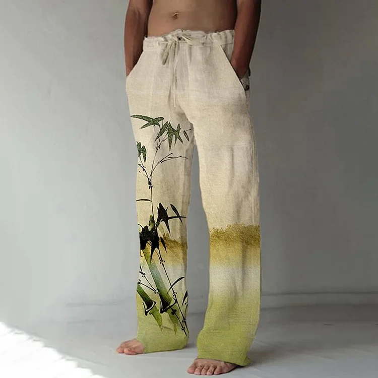Vintage Bamboo Painting Print Linen Blend Pants