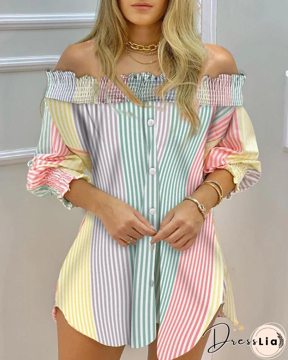 Off Shoulder Color Striped Button Front Smoking Blouse Dress P13581